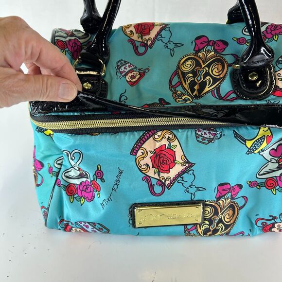 Betsey Johnson Turquoise Blue Multicolored Tea Time Print Insulated Satchel Bag - Picture 3 of 15